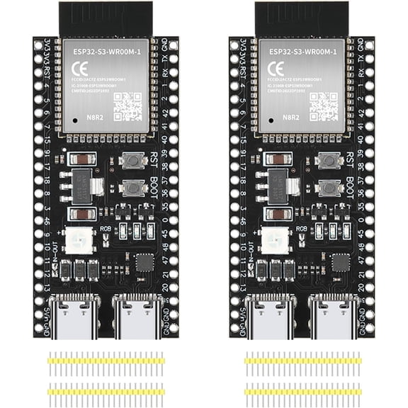 RVKXHD 2pcs ESP32-S3-DevKitC-1-N8R2 Development Board, ESP32 S3 WiFi + Bluetooth MCU Module, Dual Type-C ESP32-S3-WROOM-1 Cores Microcontroller Processor Integrates Complete Wi-Fi and BLE Functions
