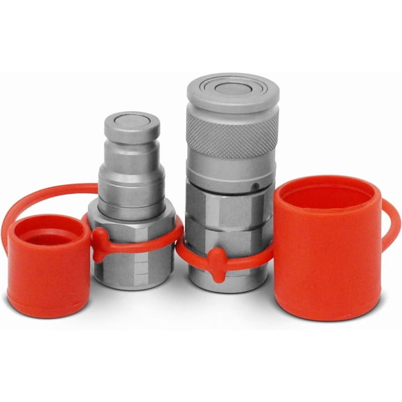 RVKXHD  3/8" Flat Face Hydraulic Quick Connect Coupler Set w/Dust Caps, 3/8" NPT Thread, Heavy Duty Design with 5076 PSI Rating - 12.15 GPM Max Flow Rate, All 3/8" Body ISO 16028 Flat Face Couplers