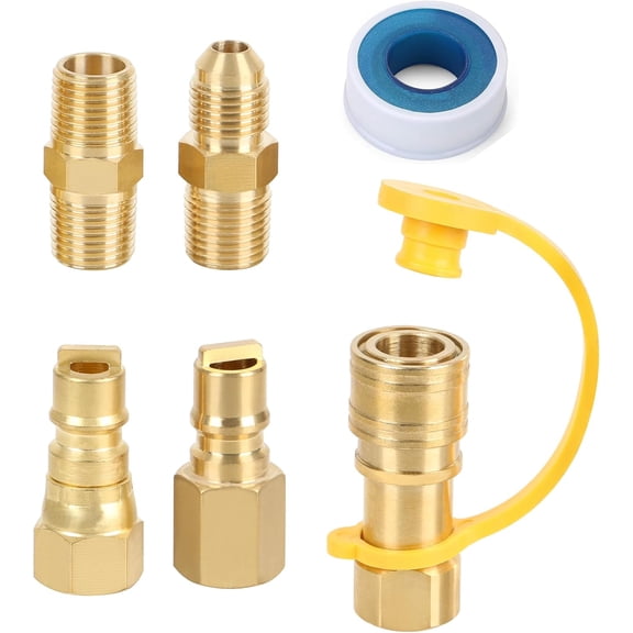 RVKXHD 3/8 Inch Natural Gas Quick Connect Fittings Kit, LP Propane Gas Hose Quick Disconnect Assembly Set for Low Pressure Propane/Natural Gas Systems, 6 Pieces, Easily Connects Appliance to Supply