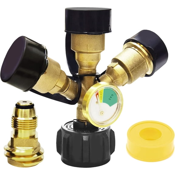 RVKXHD 3 Way Tank Propane Splitter QCC/POL with Gauge and Shut-Off Valve, Y Splitter Adapter Propane LP Tank Fuel Tee Gauge Adapter Fitting 3 Way Propane Gas Splitter for Propane TankRV BBQ Grills