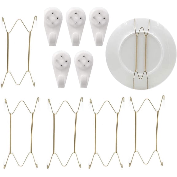 RVKXHD 5 Pack Stainless Steel Gold Plate Spring Hook Holder Hanging Wire Wall Plate Hanger Decorative Dish Diaplay Holder + 5Pcs Wall Hooks