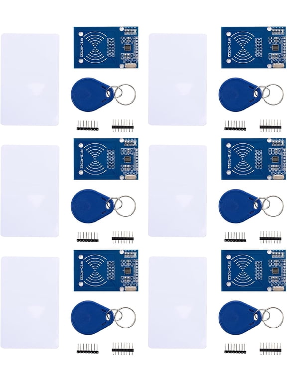 6-Piece RFID Kit: Mifare RC522 RF IC Card Sensor Module with S50 Blank Cards and Keychains, Compatible with Arduino and Raspberry Pi