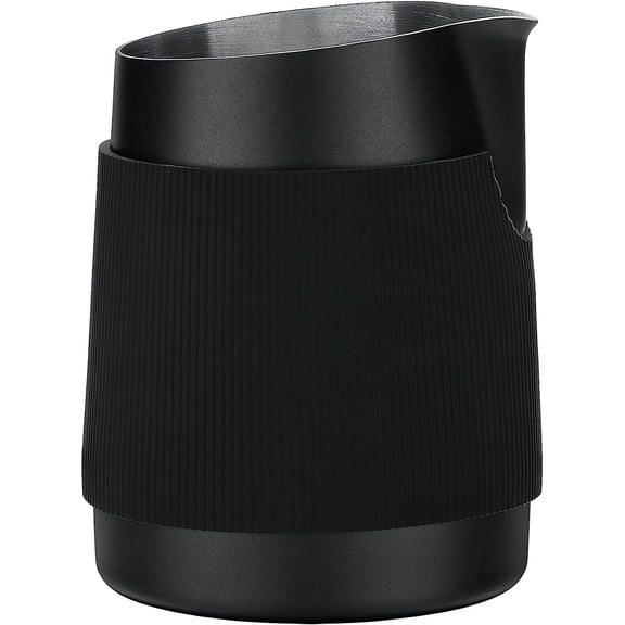 RVKXHD Handleless Milk Frothing Jug, Milk Pitcher 15.2 oz, Milk Frother Steamer Cup Stainless Steel Espresso Cup, Sharp Spout, Black, 450 ml, 1mm Thick Premium Stainless Steel, Handleless Design