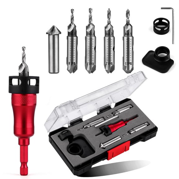 RVKXHD Metal Countersink Drill Bit Set 9-in-1 with Depth Stop, 4 Reversible Heads & Vertical Pilot Adjustable - Hex Shank for Hardened Steel/Woodworking, Hex Key & Chamfer Tool Includ
