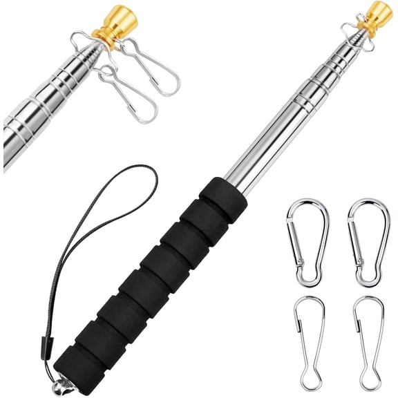 RVKXHD Portable Handheld Flag Pole 6.56Ft/2M, Stainless Steel Telescoping Extendable Flagpole with 4 Pcs Clips, Tour Guide Carrying, Parade, Camping, Garden and Outdoor Display Use