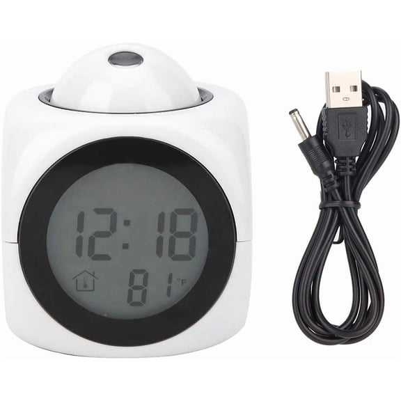 RVKXHD Projection Clock for Bedroom Ceiling, Digital LCD Alarm Clock with Voice Talking, 8.1 x 4.7 x 1.1in Modern Mini Projector Alarm Clocks for Office Bedroom(White with USB Cable)