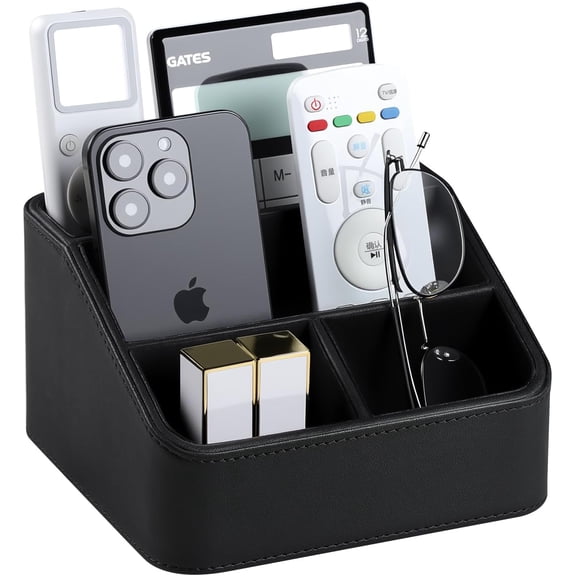 RVKXHD Remote Control Holder, PU Leather Small Desk Organizer with 4 Compartments, Nightstand Organizer Desk Caddy for Remote, Notepad, Phone, Glasses, and Accessories (Black)