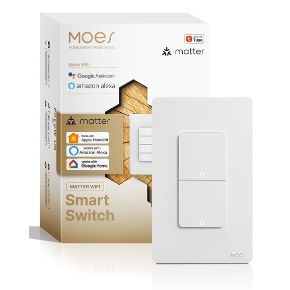 RVKXHD Smart Double Light Switches, Matter-WiFi 2 Gang Single Pole Switch, Netural Wire Required, 2.4GHz Switch Combo Compatible with Alexa Google Assistant, Remote Control