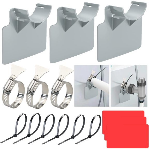 RVKXHD Swimming Pool Pipe Holders 3 PCS, Fits 1.5'(MAX) Above Ground Swimming Pool Hose Support Brackets, Prevent Pipe Sagging, with 3 Tapes, 6 Cable Ties& 3 Stainless Steel Hose Clamps, Easy Setup