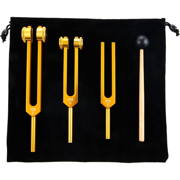 RVKXHD Tuning Forks Set(128Hz, 256Hz, 512Hz) - Perfect for Sound, Musical Instrument, Vibration, with Hammer and Storage Bag, Gold