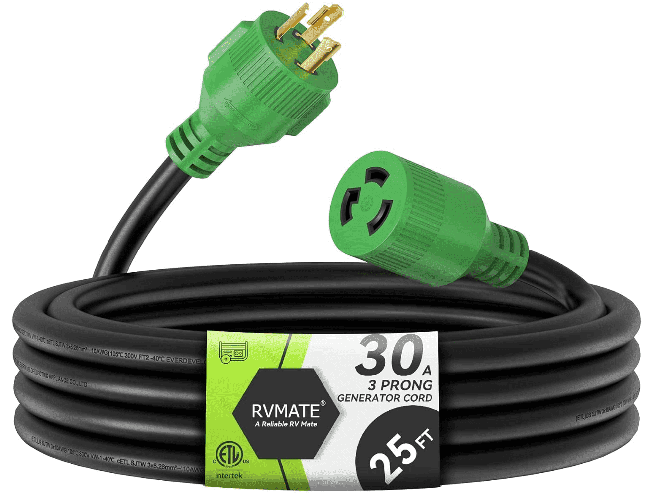 RVMATE 25 ft 30 Amp 125 V 3750 W 3-Prong Generator Extension Cord NEMA L5-30P/L5-30R SJTW Jacket GC33025-RM