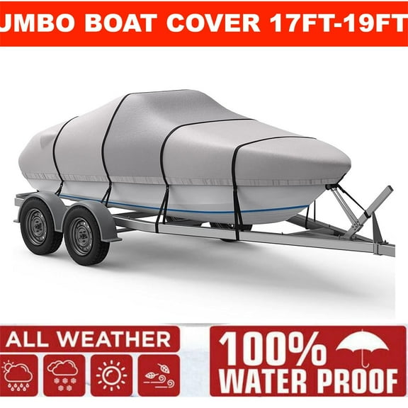 RVMasking 1400D Reinforced Boat Cover with Storage Bag Trailerable Marine Grade Waterproof Boat Cover Fits Bass Boat, V-Hull, Runabout, Length: 17'-19', Beam Width 96"