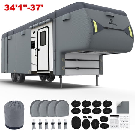 RVMasking 5th Wheel RV Cover 34'1"-37'Heavy Duty 7 Layers Top Fifth Wheel Cover with 4 Tire Covers Windproof Rip-Stop Anti-UV Trailer Cover