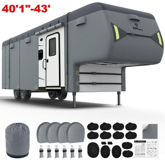 RVMasking 5th Wheel RV Cover 40'1"-43'Heavy Duty 7 Layers Top Fifth Wheel Cover with 4 Tire Covers Windproof Rip-Stop Anti-UV Trailer Cover