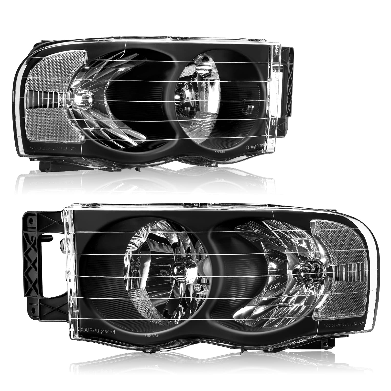 RVNI Pair Headlights For 2002-2005 Dodge Ram 1500 2500 3500 Black Housing Headlamps