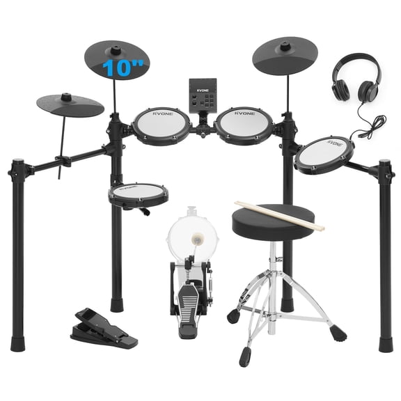 RVONE Electric Drum Set for Beginner with Kick Hammer Pedal,10" Cymbals, 4 Mesh Pads, Supports Sensitivity Adjustment,150 Sounds 15 drum kits, all-in-one drum set with Throne, Headphones, Sticks
