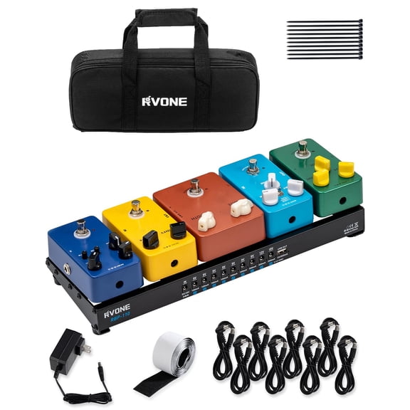 RVONE Guitar Pedal Board with Power Supply, 10 Isolated Outputs Aluminum Alloy Portable Board with Bag, Compact Mini Powered Pedalboard for Guitar Effects (14.5"x5.2", Black)