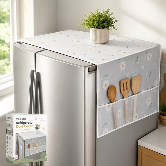 RVOV Daisy Print Refrigerator Dust Cover with Storage Pockets, Waterproof Fridge Top Protector for Kitchen Appliances, Soft Fabric Cover for Single Double Door Fridges (2 Sizes)