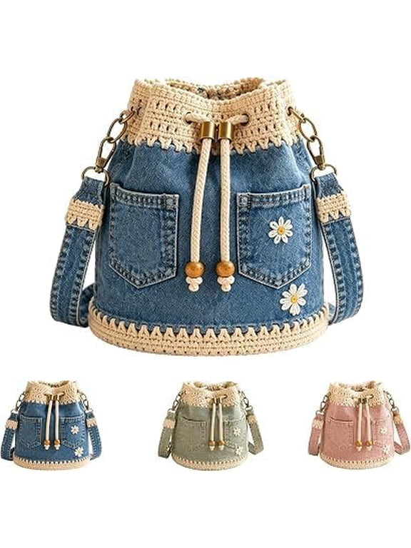 Denim Crochet Bucket Bag with Daisy Embroidery, Handmade Crossbody Shoulder Bag for Women, Casual Tote with Drawstring Closure & Adjustable Strap
