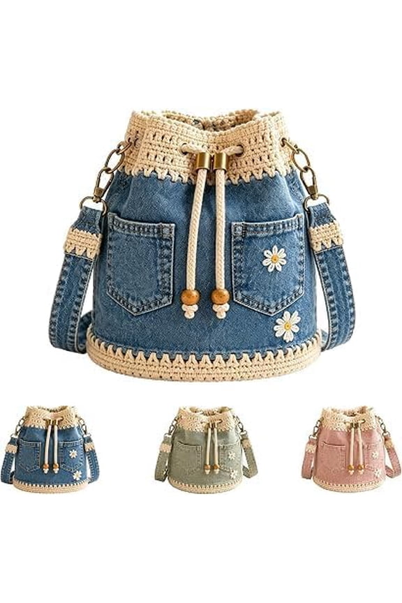 Denim Crochet Bucket Bag with Daisy Embroidery, Handmade Crossbody Shoulder Bag for Women, Casual Tote with Drawstring Closure & Adjustable Strap