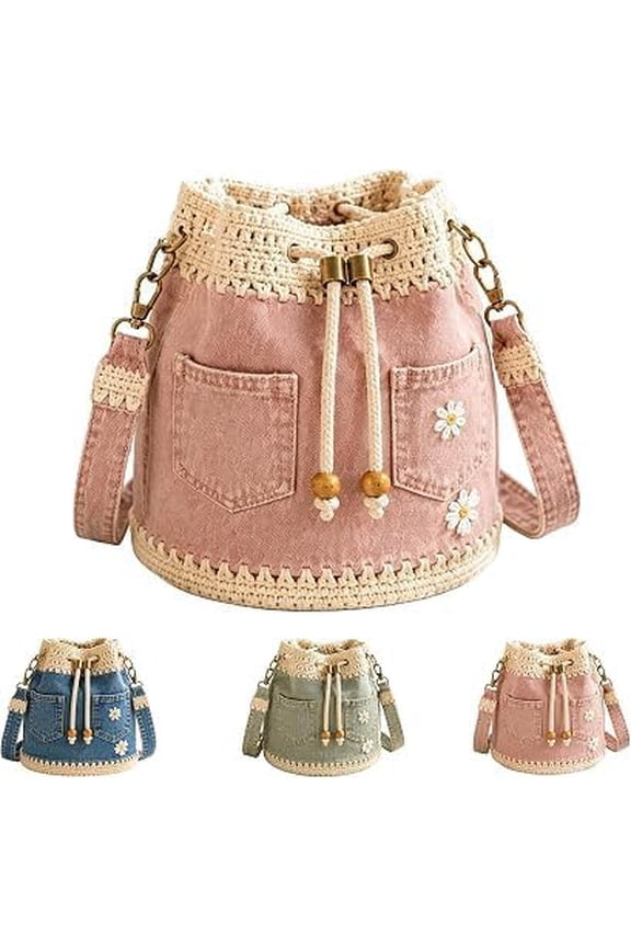 Denim Crochet Bucket Bag with Daisy Embroidery, Handmade Crossbody Shoulder Bag for Women, Casual Tote with Drawstring Closure & Adjustable Strap