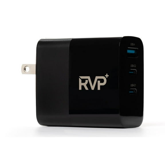 RVP+ 65W GaN Power Adapter, 3-Port USB-C & USB-A Fast Charger, Compact Wall Charger for Laptops, Smartphones, Tablets - Black