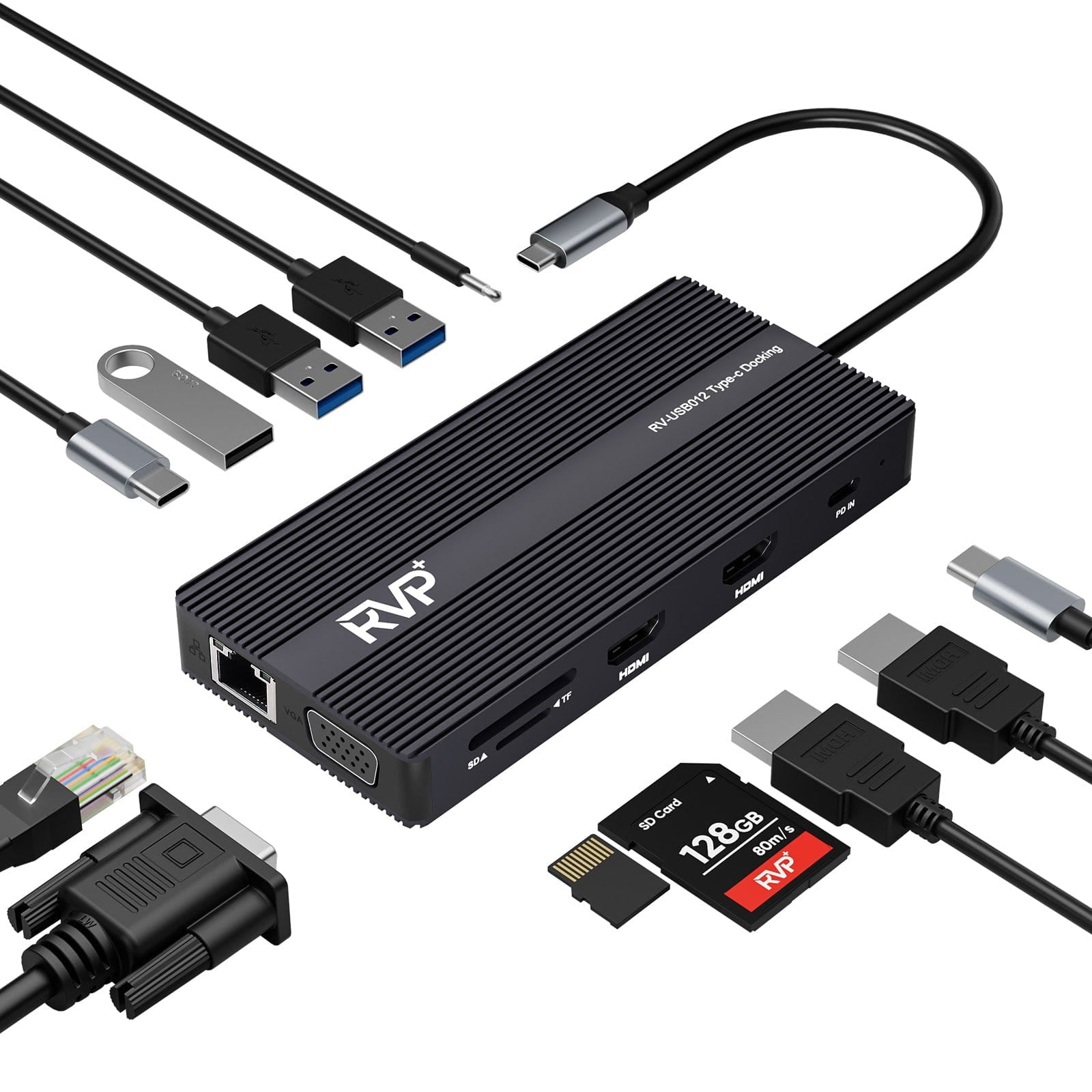 RVP+ Docking Station 3 Monitors, 12-in-1, Tri-Display - 4K HDMI Dual Monitors, 5Gbps USB-C-A Data Transfer, USB 3.0, 100W Laptop-Charging, Gigabit Ethernet, Audio, SD-TF Dongle (RVP-USB012-W)