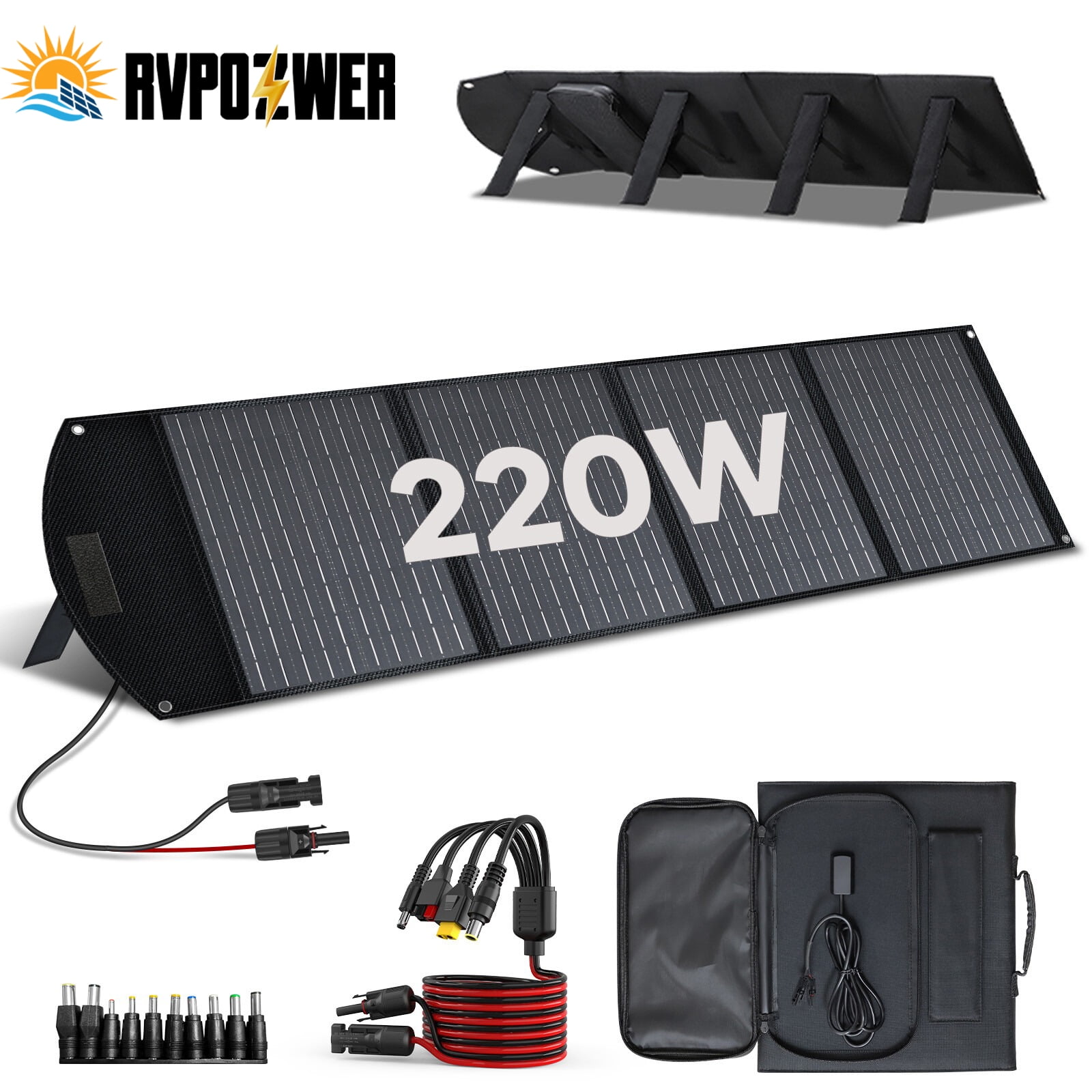 RVPOZWER 220W 18V Portable Solar Panel, 23.4% High Efficiency Waterproof IP68 Foldable Solar Panel Kit with Adjustable Kickstand Multiple Outputs for Power Station RV off Grid System