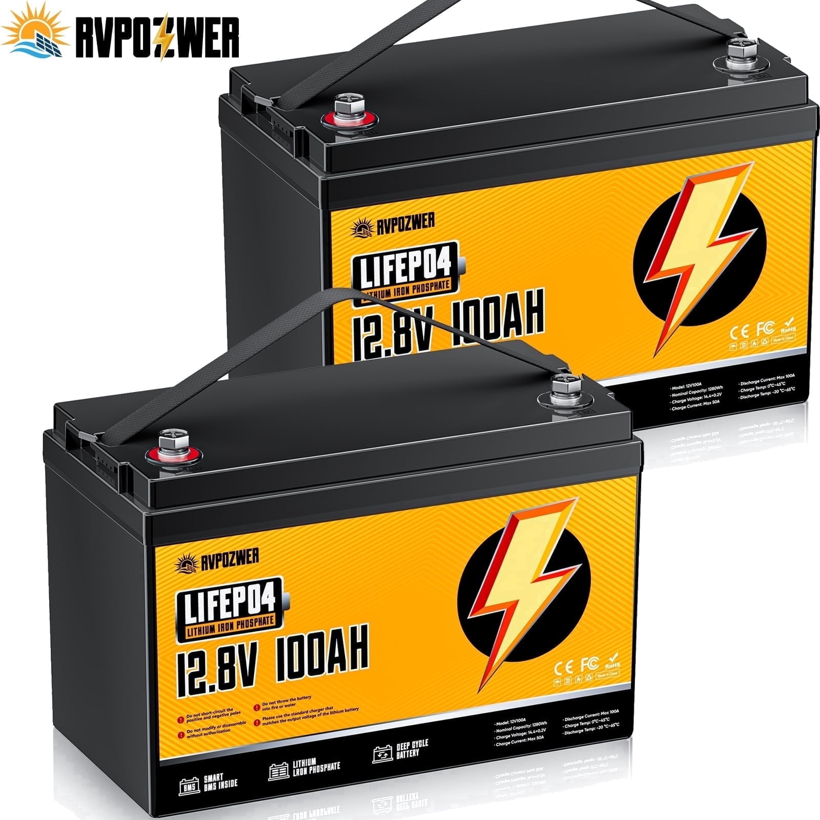 RVPOZWER 24V 100Ah LiFePO4 Battery, 120A BMS, 15000+ Deep Cycles, 2 Pack 12V 100Ah Lithium Battery for RV, Solar, Marine,Camping,Trolling Motor,off-Grid,Backup Power,Motorhome