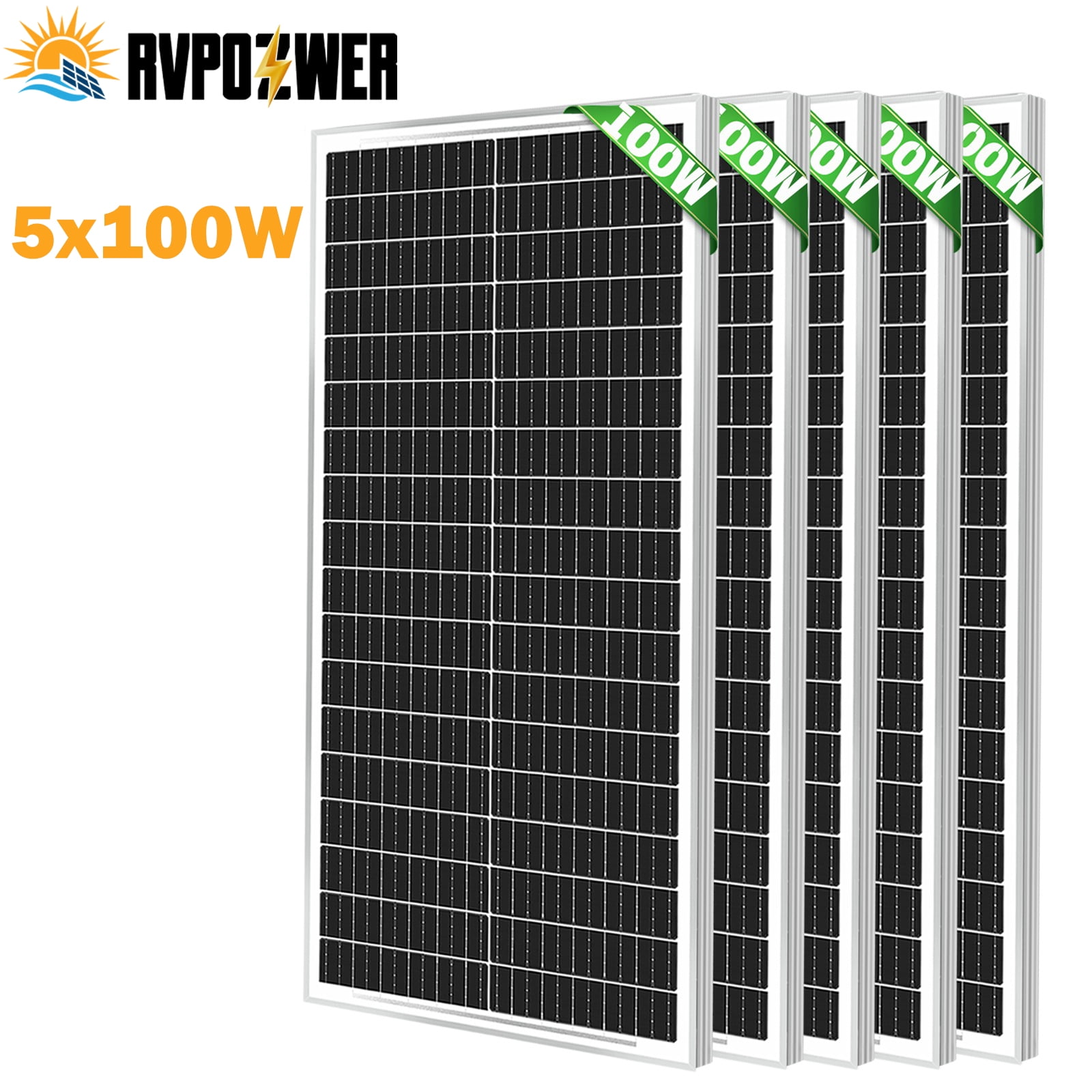 RVPOZWER 500W Solar Panel 5pcs 100 Watt 12 Volt, High-Efficiency Monocrystalline PV Module Power Charger for RV Marine Rooftop Farm Battery Off-Grid Applications, 5pcs 100W Solar Panel