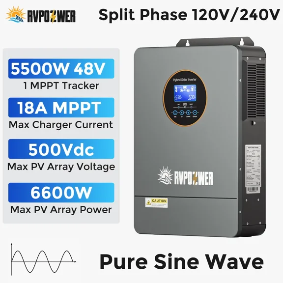 RVPOZWER 5KW Solar Hybrid Inverter 48V DC-120V/220V AC Split Phase Off-Grid Pure Sine