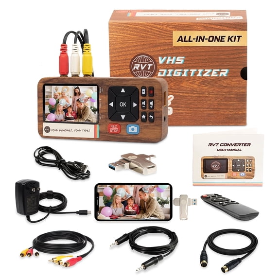 RVT 3.0 VHS to Digital Converter with 32GB USB & RCA/S-Video Cables | Full HD 1080p | Convert VHS, Hi8, MiniDV, Camcorder, 8mm & Retro Games to MP4 | Save to USB & Watch on Phone | No PC Needed