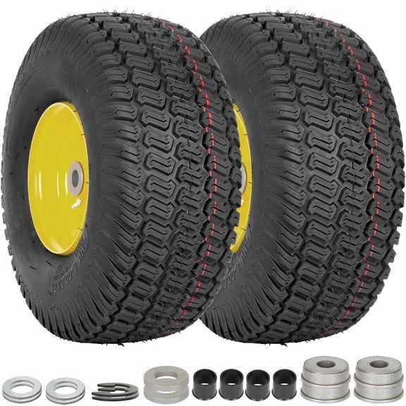 RVpunk Lawn Mower Front Tire 15x6.00-6 and Wheel Assembly, 3" Offset Hub Replacement Riding Cargo Boat Lawnmover Garden Tire Durable Rubber, Set of 2