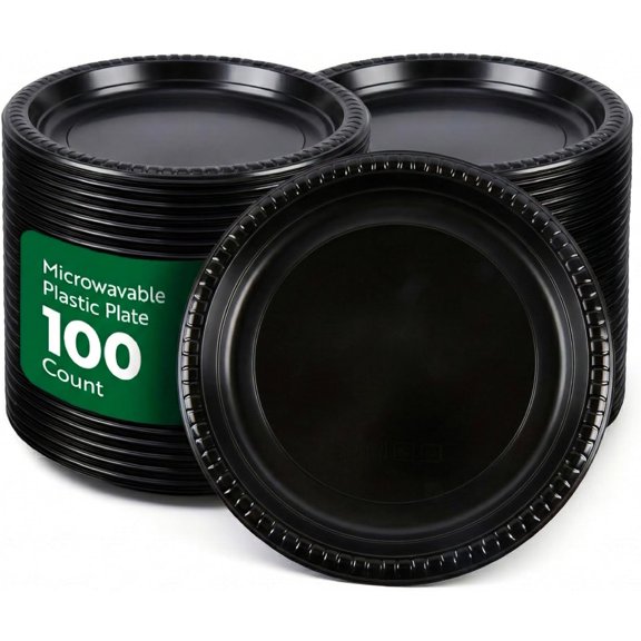 RW Base 10.4 Inch Microwavable Food Plates, 100 Round Plastic Plates - Disposable, Heavy-Duty, Black Plastic Dinner Plates, Serve Hot And Cold Foods, For Restaurants And Cafes -