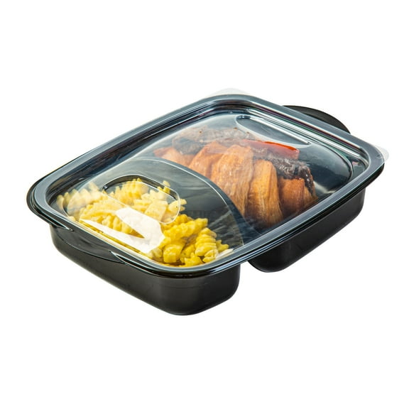 Chef 101 36 oz Rectangle Black Plastic Food Container - with Clear Lid, Microwavable, 2 Compartments - 9 1/4" x 8" x 2 3/4" - 100 count box