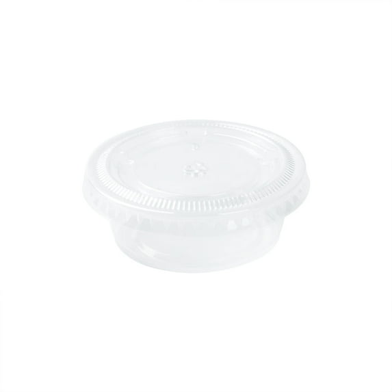 RW Base Round Clear Plastic Portion Cup Lid - Fits 1.5, 2, and 2.5 oz - 2 1/2" x 2 1/2" x 1/4" - 2000 count box - Restaurantware