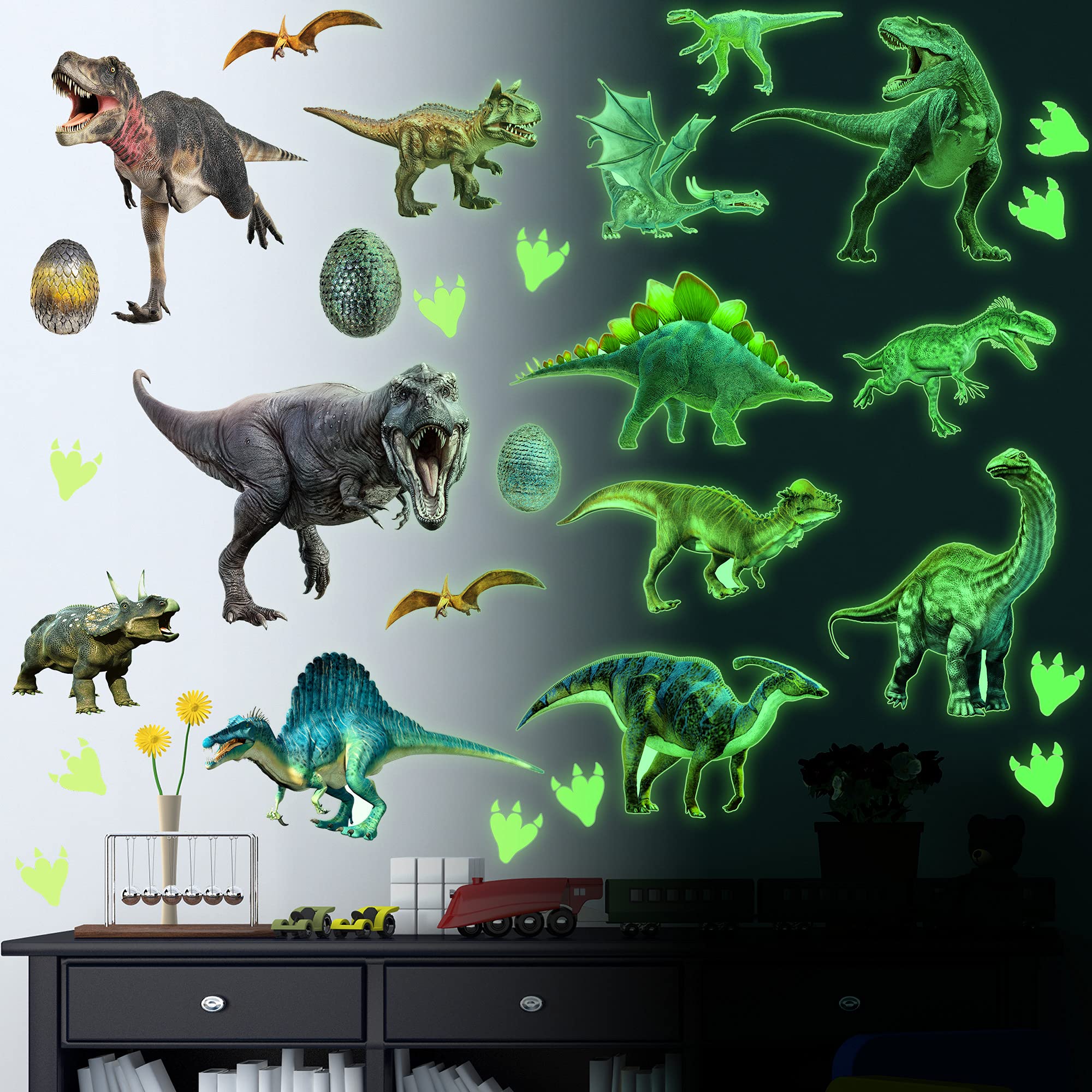 RWG112 30PCS Glow in The Dark Dinosaur Wall Decals Luminous Dinosaurs