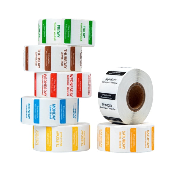 Restaurantware-RW Smart 1 Inch x 1 Inch Food Rotation Labels, 3500 Dissolvable Food Safety Labels - Premium Trilingual, Paper Day Of The Week Labels, For Food Storage Or Prep, Weekly