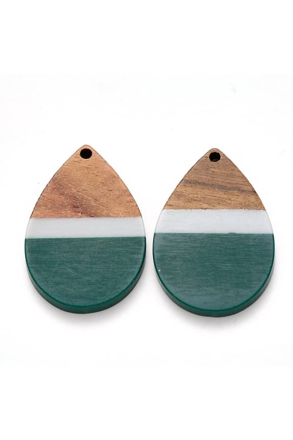 RW0007 - 4 pcs. Green and Gray Stripe Resin and Wood Teardrop Flat Pendant - 36mm x 25mm - (1.4" x 1") - LARGE