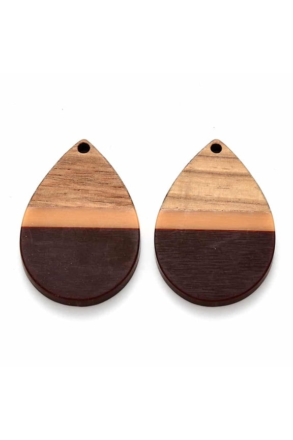 RW0008 - 4 pcs. Brown and Orange Stripe Resin and Wood Teardrop Flat Pendant - 36mm x 25mm - (1.4" x 1") - LARGE