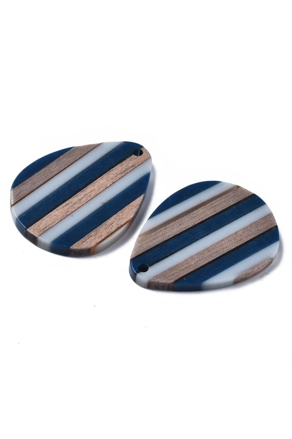 RW0050 - 4 pcs. Blue and Gray Stripe Resin and Wood Teardrop Flat Pendant - 36mm x 26mm - (1.4" x 1.02")