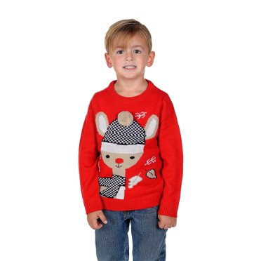 SmU Women’s 3D Knitted Christmas Jumper – Baby Deer Bambi Novelty Sweater Crew Neck Long Sleeve Chunky Knit Black/Red UK 8-22