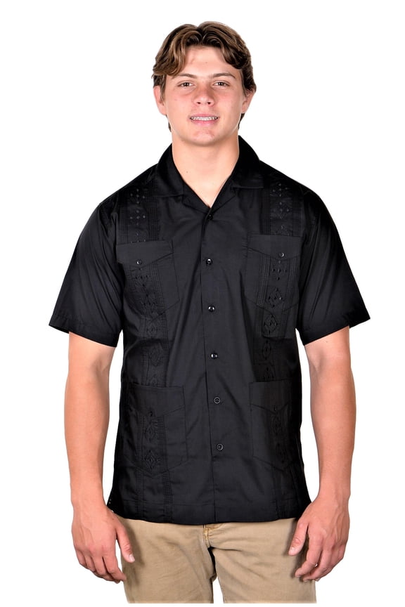 Mens Guayabera Short Sleeve Button Down Relaxed Fit Shirt Black MD