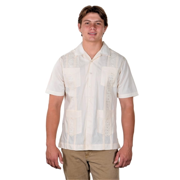 RWB Mens Guayabera Short Sleeve Button Down Relaxed Fit Shirt Ivory SM