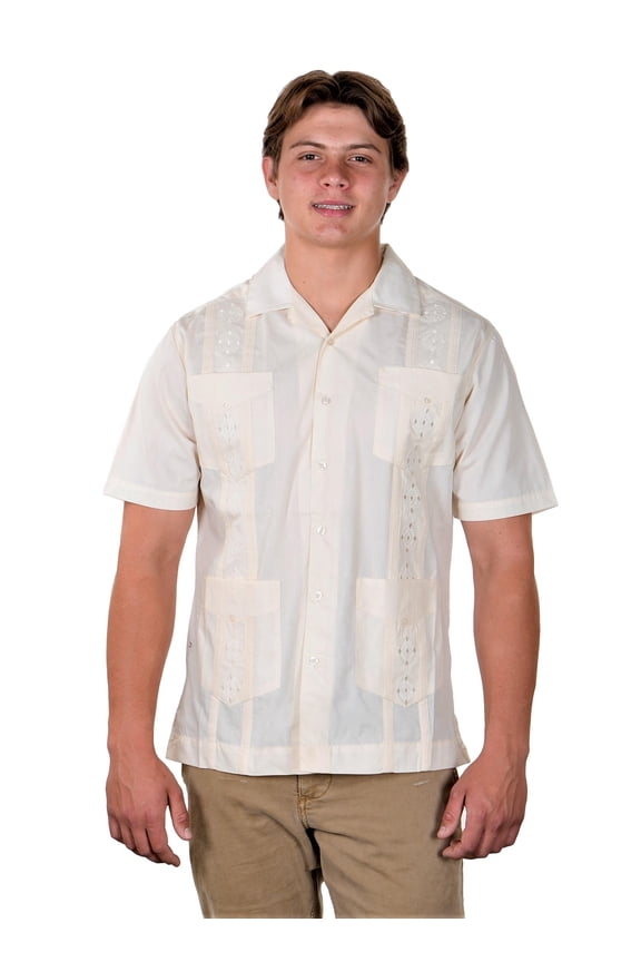 Mens Guayabera Short Sleeve Button Down Relaxed Fit Shirt Ivory SM