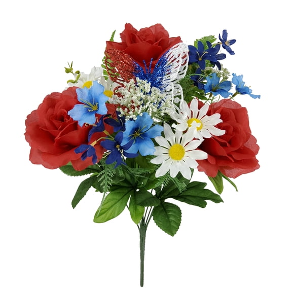 Mainstays 19 inches Indoor Artificial Rose Daisy Bouquet, Red, White and Blue Color.