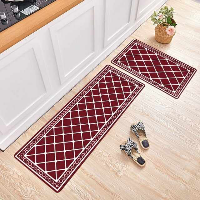 RWVBM 2-Piece Kitchen Rug Set – Printed Non-Slip Microfiber Carpet for Kitchen and Soft Bathroom Mats | Foot Cushions Sale Desls for Your Loved Home Essentials(Red)