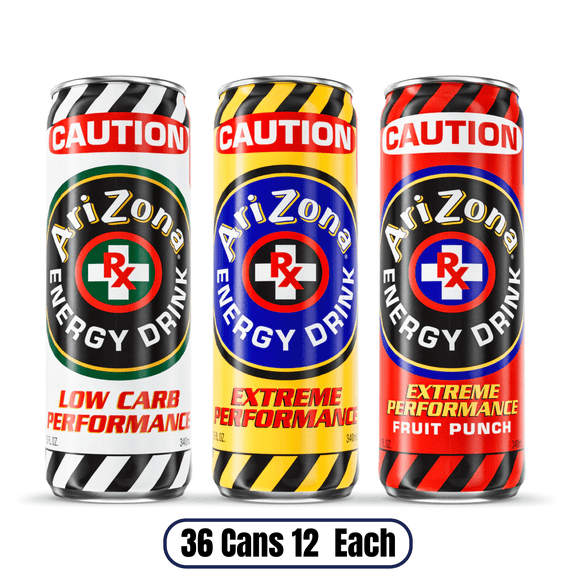 RX Energy Caution Variety Pack, Extreme, LowCarb & Extreme Fruit Punch Performance Drink, 11.5 oz Can, 36 Pack (12 Each Flavor)