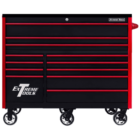 Extreme Tools Extreme Tools RX Series Professional 55"W x 25"D 12 Drawer Roller Cabinet 150 lbs slides Black, Red Drawer Pulls