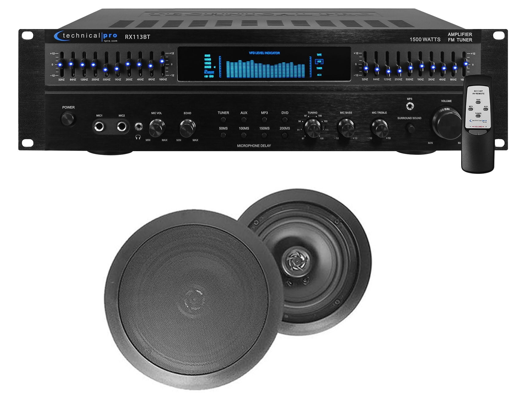 RX113 1500w Home Theater Amplifier Receiver+2) 8" Black Ceiling Speakers